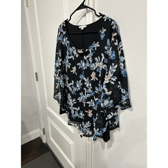 Notations Floral Chiffon Poncho Blouse Black Blue Sz XL Clip Dot Rhinestone Boho - Picture 3 of 11